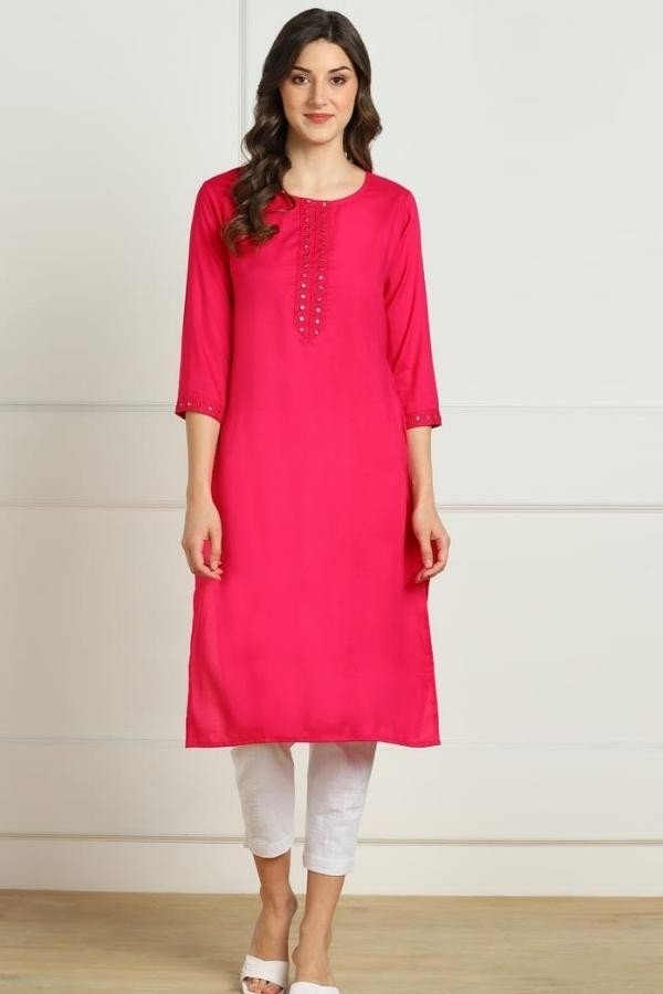 Pink Rayon Embroidery Long Kurti