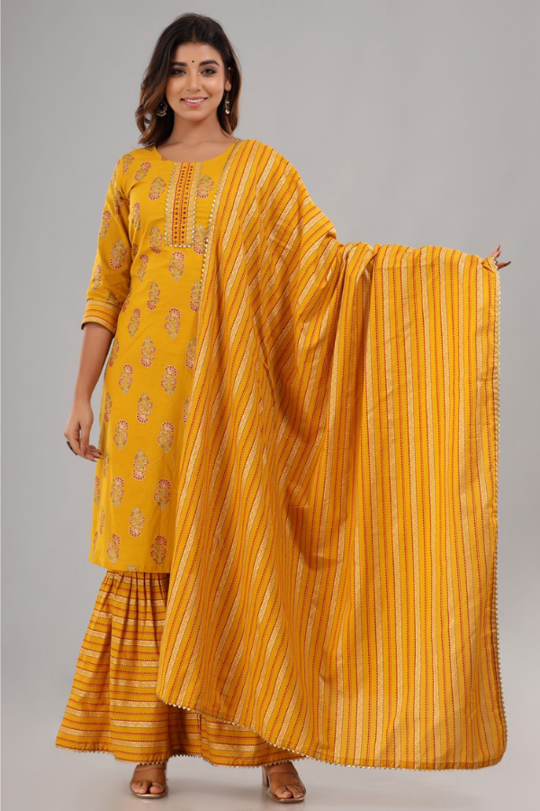 Yellow Pure Cotton Women Kurti Pant with Dupatta Suit – mahezon
