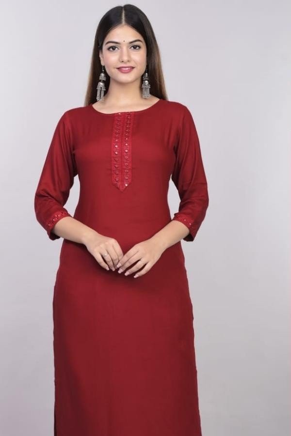 Red Rayon Embroidery Long Kurti