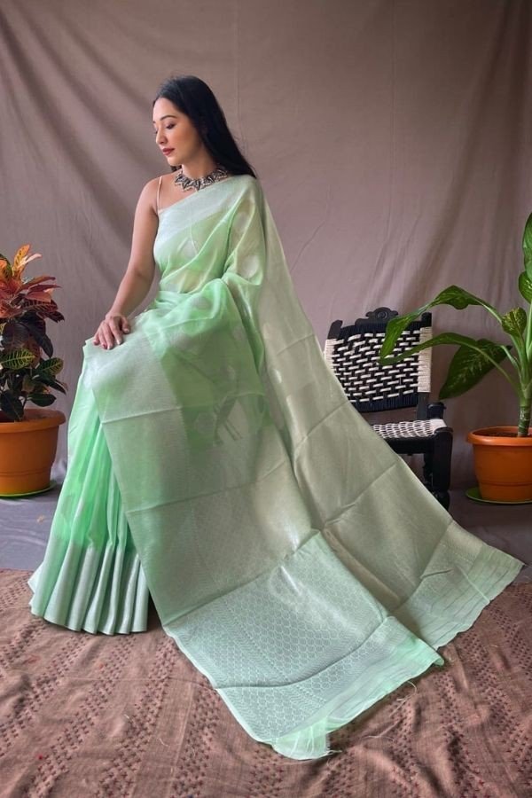 Linen Saree Silver Zari Work All Over