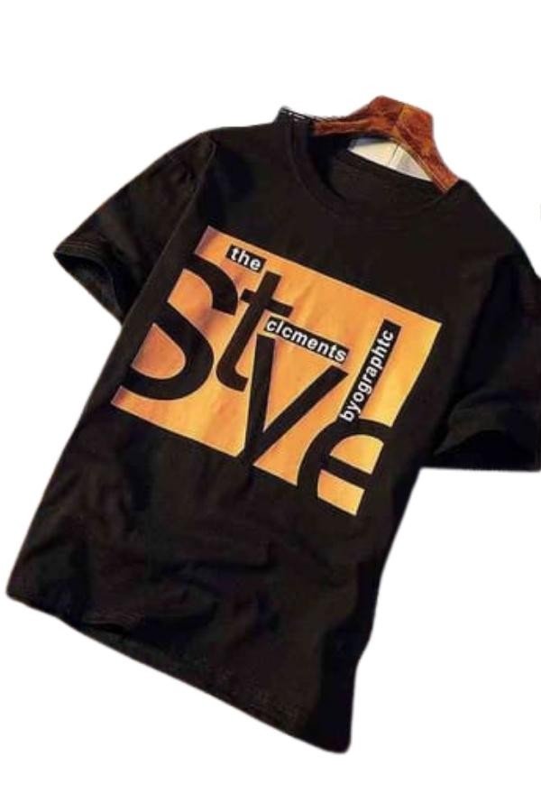 Printed Cotton Men Round Neck T-Shirt - Black