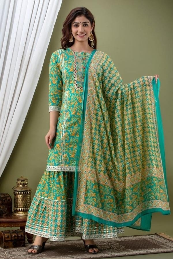 Green Cotton Kurti, Sharara and Dupatta set