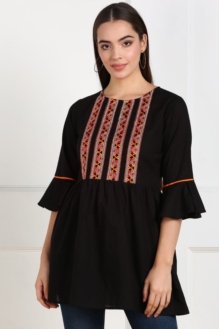Cotton Embroidered Top with Bell Sleeves
