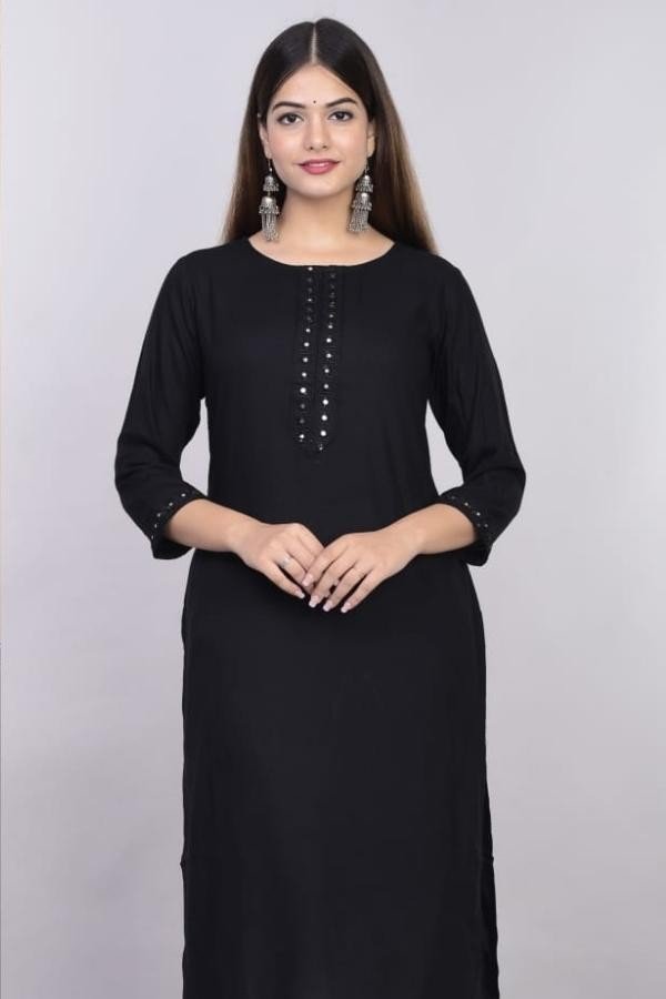 Black Rayon Embroidery Long Kurti
