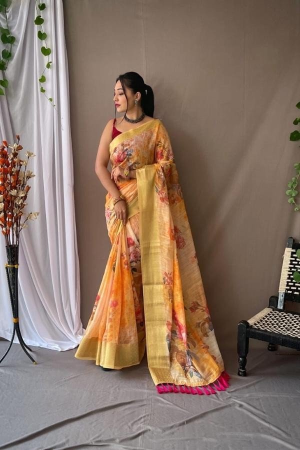 Linen Saree With Attached Blouse Piece