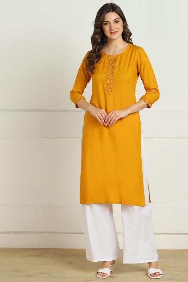 Yellow Rayon Embroidery Long Kurti